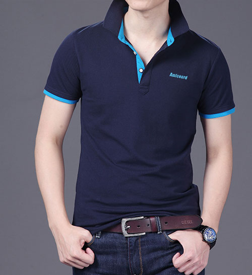 精棉萊卡高檔POLO衫定做，藏青色搭配天藍色款式圖