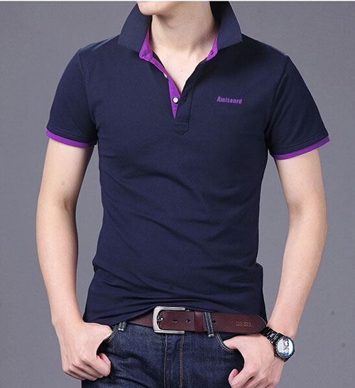 精棉萊卡高檔POLO衫定做，藏青色搭配紫色款式圖