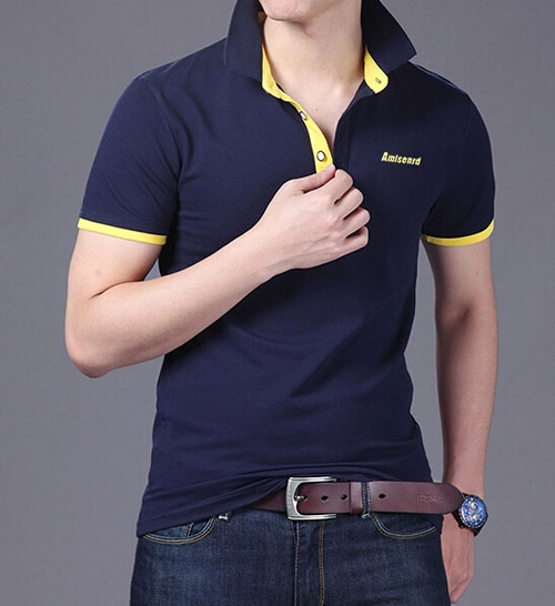 精棉萊卡高檔POLO衫定做，藏青色搭配黃色效果款式圖