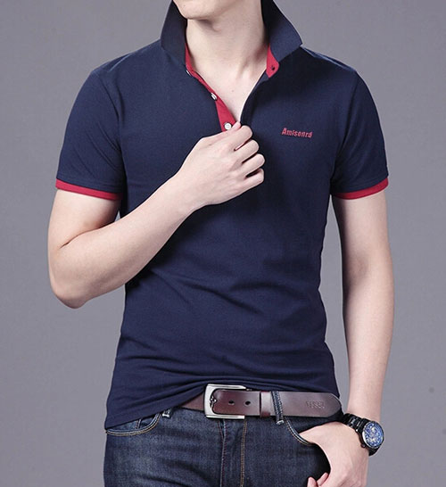精棉萊卡高檔POLO衫定做，藏青色搭配暗紅色效果款式圖