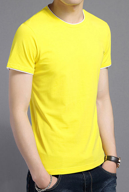 短袖圓領T恤衫定做,玫紅色嵌黑邊款式模板效果圖二