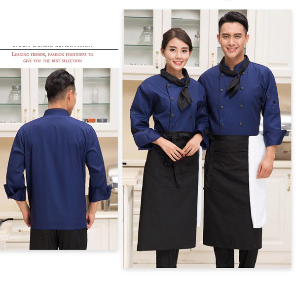 寶藍(lán)色長袖廚師服定做款式前后效果展示圖