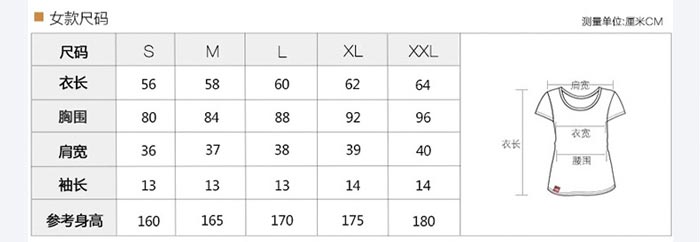 萊卡棉短袖圓領文化衫女士規格尺碼表
